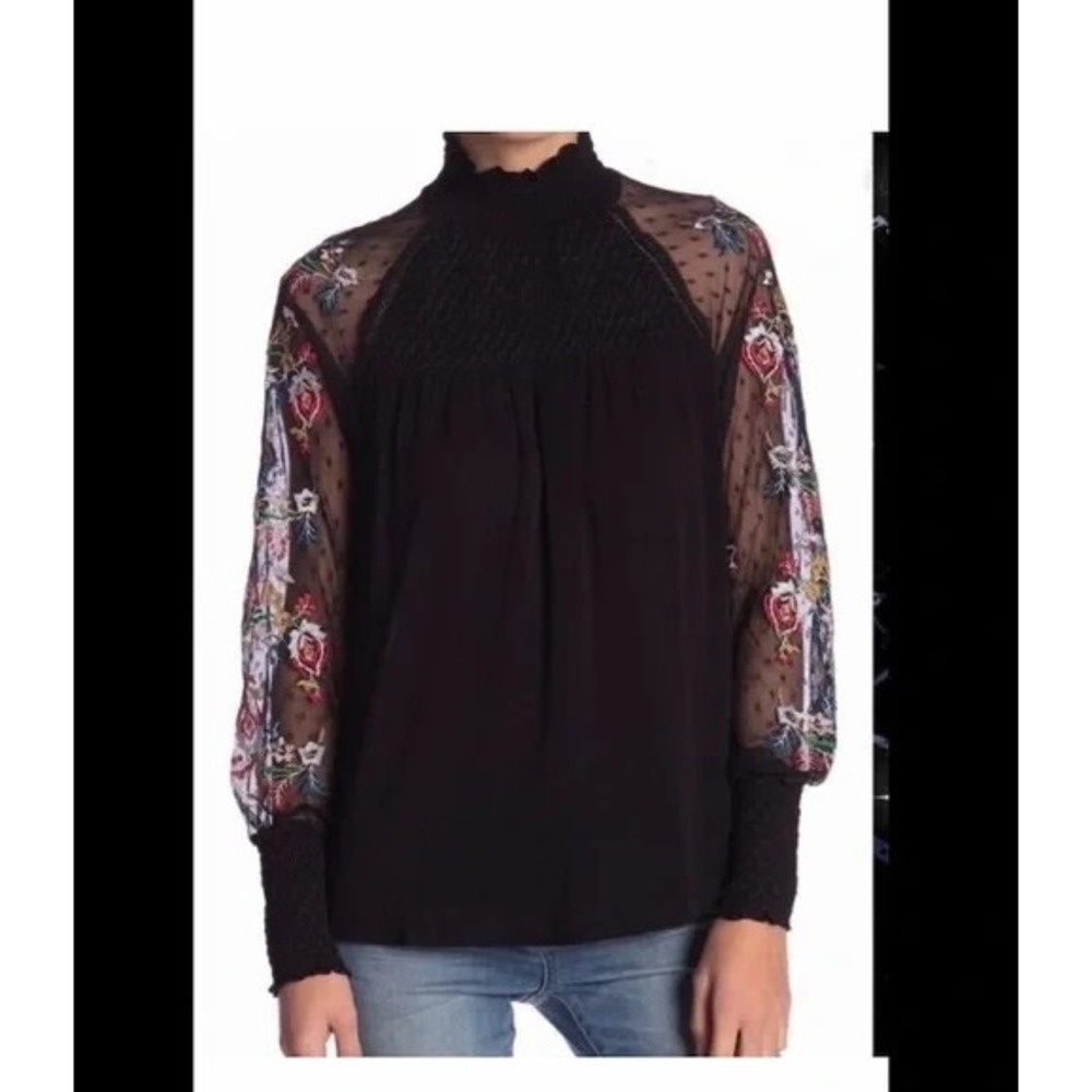Ban Jara Top Women's Small Size Embroidered Floral Sheer High Neck